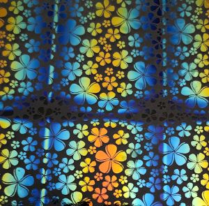 96 Pre Made Etched Pattern #208 Rounded Plumeria, RBB Candy CBS Dichroic on Thin Clear Glass