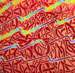 96 Sand Carved Pattern #036 Twisted, Voltage Cyan Dark Red Dichroic on Red Glass