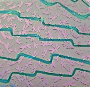 96 Sand Carved Pattern #089 Dragonflies, Voltage G-Pink Dichroic on Lt Aqua OP Glass