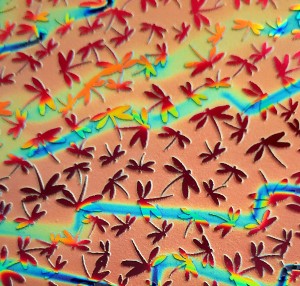 96 Sand Carved Pattern #089 Dragonflies, Voltage Cyan Dark Red Dichroic on Violet Glass
