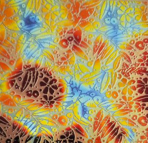 96 Sand Carved Pattern #106 Batik, Aurora Borealis Candy CBS Dichroic on Sienna Glass