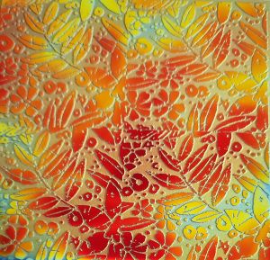 96 Sand Carved Pattern #106 Batik Leaves, Aurora Borealis Cyan Dark Red CBS Dichroic on Sienna Glass