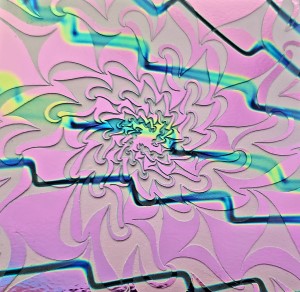 96 Sand Carved Pattern #112 Vortex #1, Voltage G-Pink Dichroic on Brown Glass