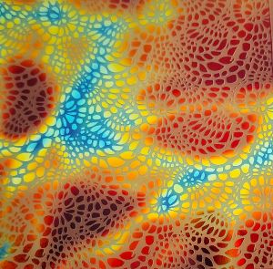 96 Sand Carved Dichroic Pattern #131 Mini Mosic, Aurora Borealis Candy CBS Dichroic on Teal Glass