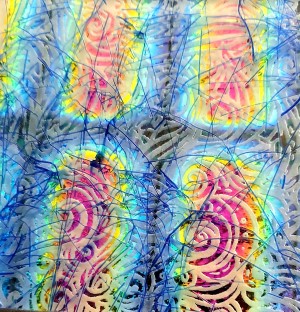 96 Sand Carved Pattern #163 Mermaid Curls, RBB GMB Dichroic on Blue Bits Glass