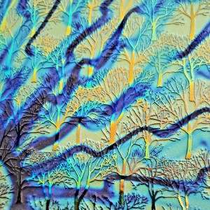 96 Sand Carved Pattern #174 Small Trees, Voltage Cyan Red Dichroic on Violet Glass