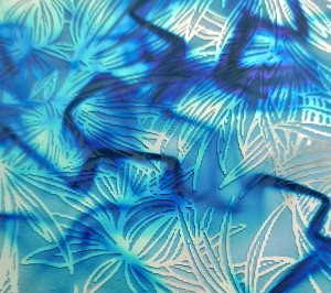 96 Sand Carved Pattern #183 Banana Flower, Fusion R-Silver Dichroic on Turquoise Swirl Glass