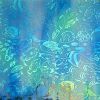96 Sand Carved Pattern #197 School of Fish, Aurora Borealis Cyan Copper on Teal and White Swirl Glass