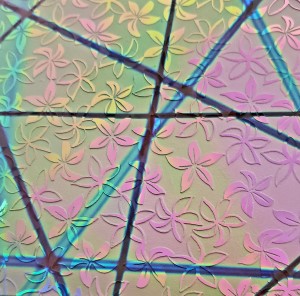 96 Sand Carved Pattern #207 Pointed Plumeria, Pixie Stix G-Pink Dichroic on Redon Dk. Glass