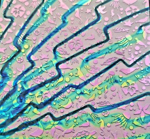 96 Sand Carved Pattern #209 Sea Creatures, Voltage G-Pink Dichroic on Turquoise Glass