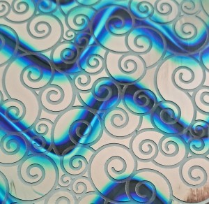 96 Sand Carved Pattern #220 'S" Curls, Twizzle R-Silver Dichroic on Turquoise Swirl Glass