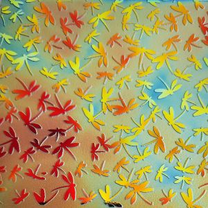 96 Sand Carved Pattern #089 Dragonflies, Aurora Borealis Cyan Dark Red CBS Dichroic Coating on Sienna Glass
