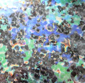 90 Splatter Candy, Y-Blue and Emerald Dichroic on Wissmach Thin Clear Glass