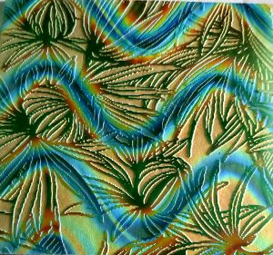 90 Sand Carved Pattern #183 Banana Flower, CBS Dichroic Twizzle Candy on Lt. Green Glass